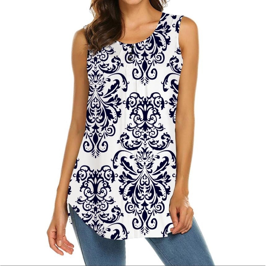 Summer Wear Tee Sleeveless T-Shirt DongDong /♥Irregular Floral Printed Vest Loose Tunic Top Shirt for Women